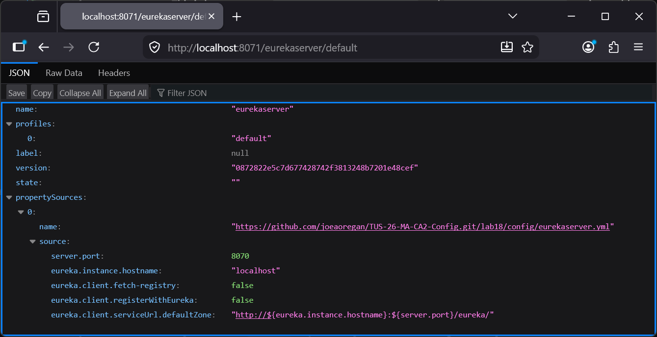 Read eurekaserver/default properties