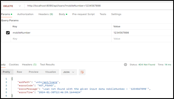 Deleting a loan – loan with mobile number not found