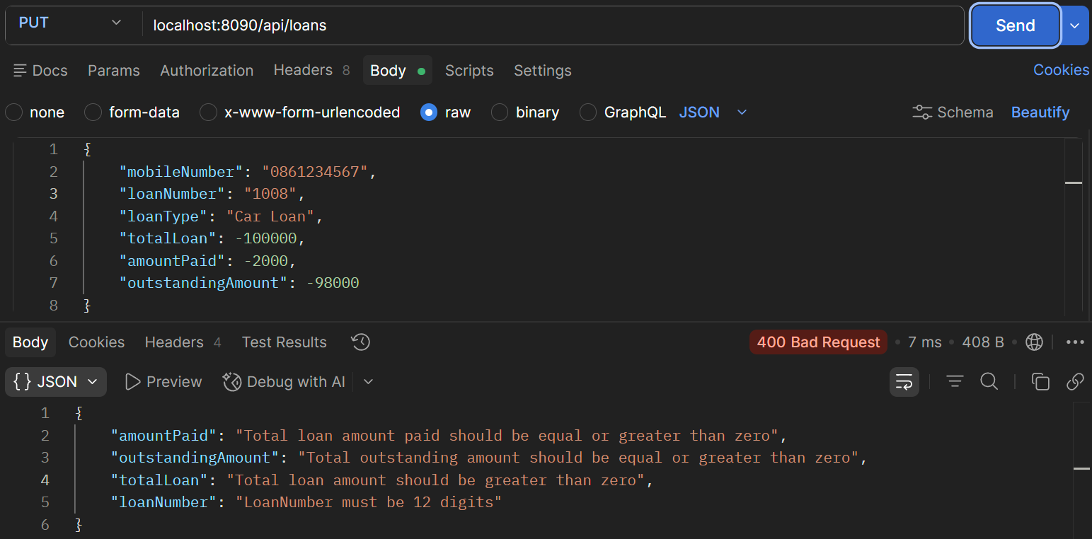 Updating loan –validation errors in data