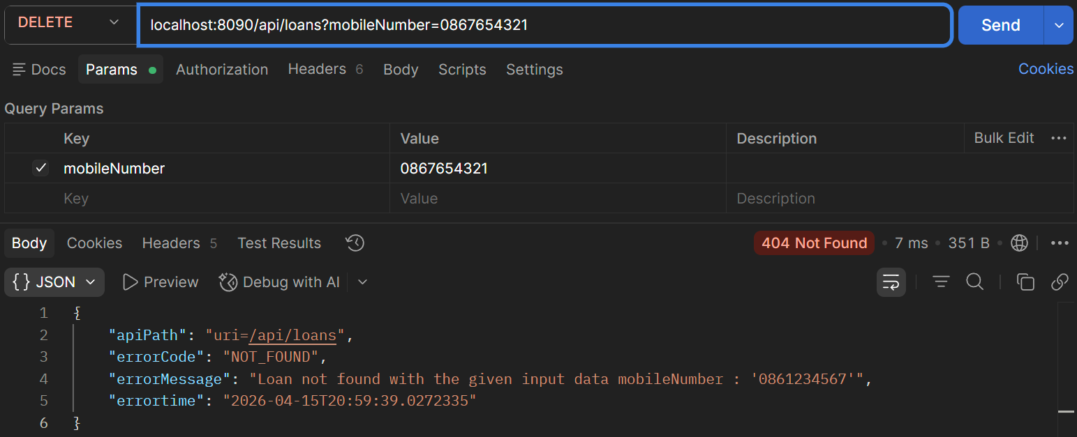 Deleting a loan – loan with mobile number not found