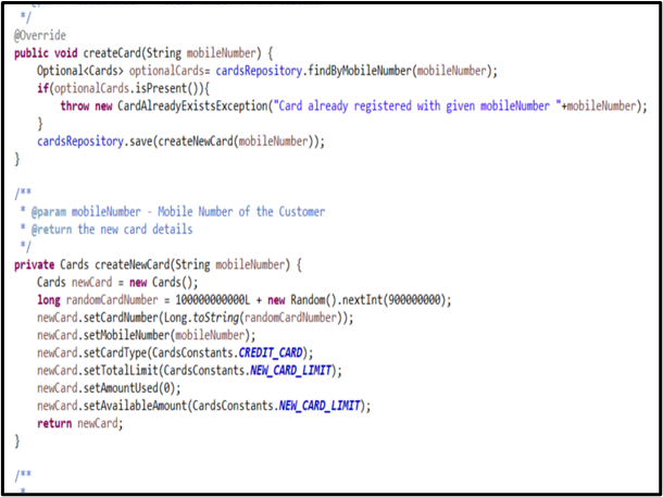 Creating a card – code in CardsServiceImpl