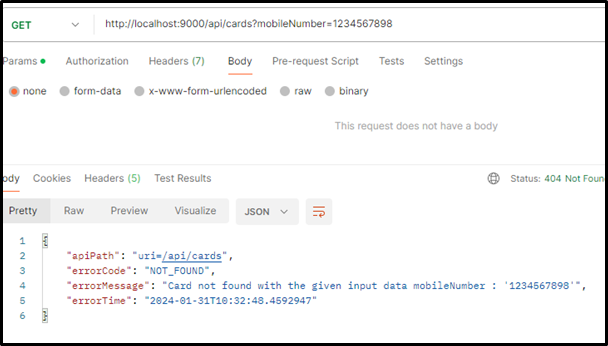 Fetching card – no card for given mobile number